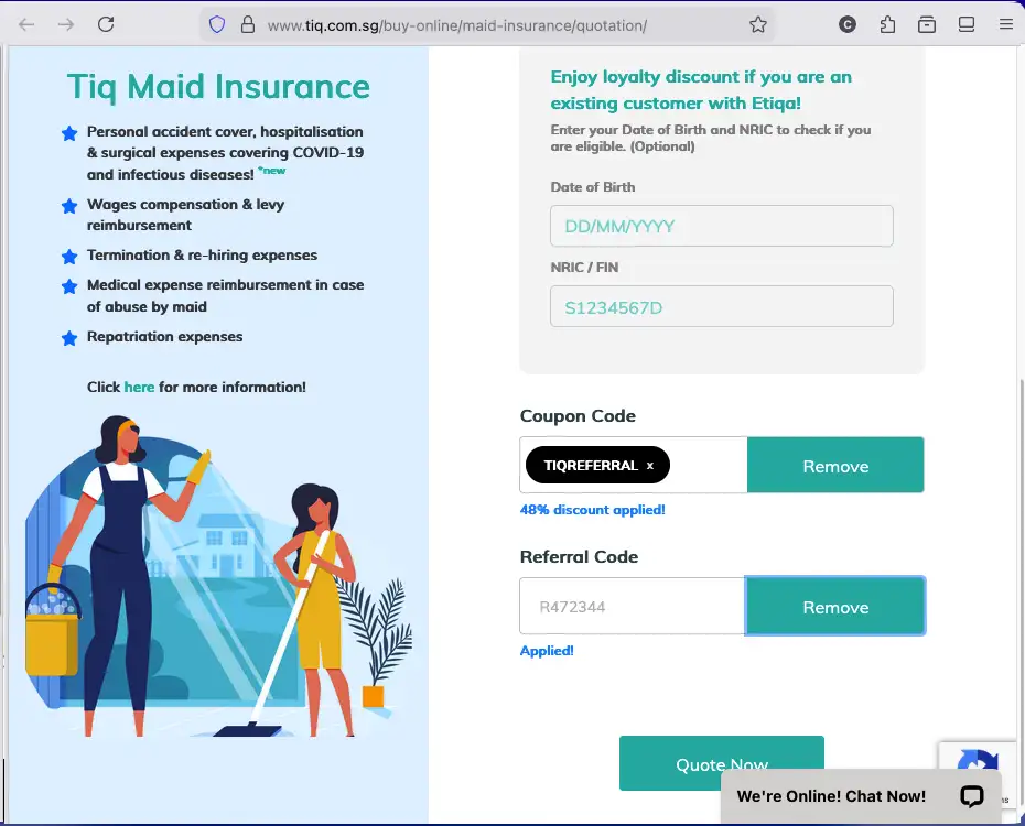 Use Tiq referral code R472344 for 48% off maid insurance premiums