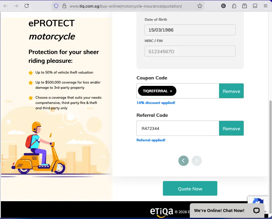 Use Tiq referral code R472344 for 14% off motorcycle insurance premiums