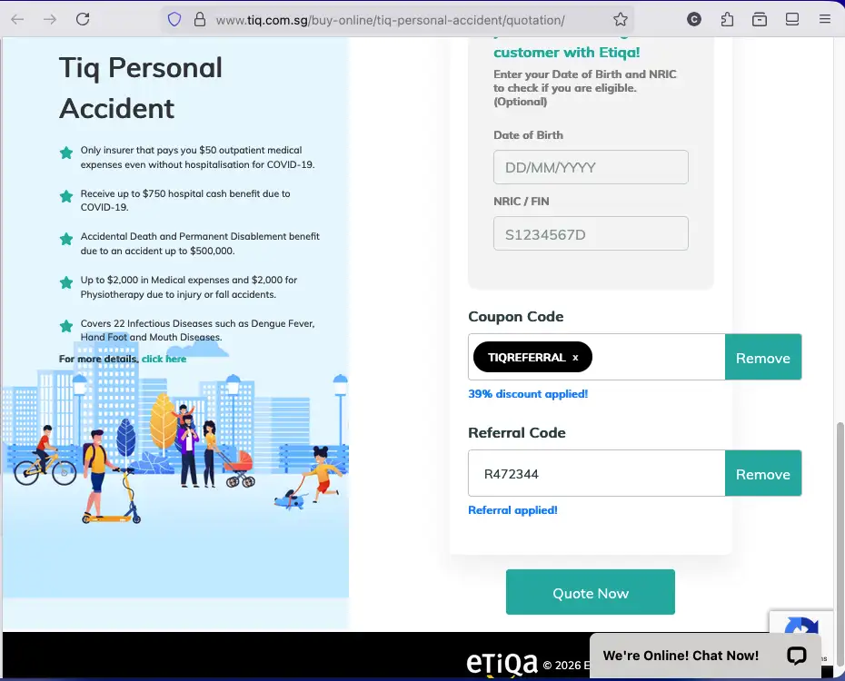 Use Tiq referral code R472344 for 39% off personal accident insurance premiums