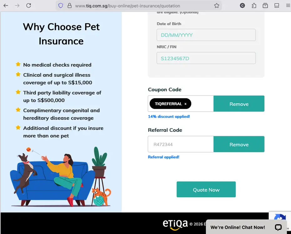 Use Tiq referral code R472344 for 14% off pet insurance premiums