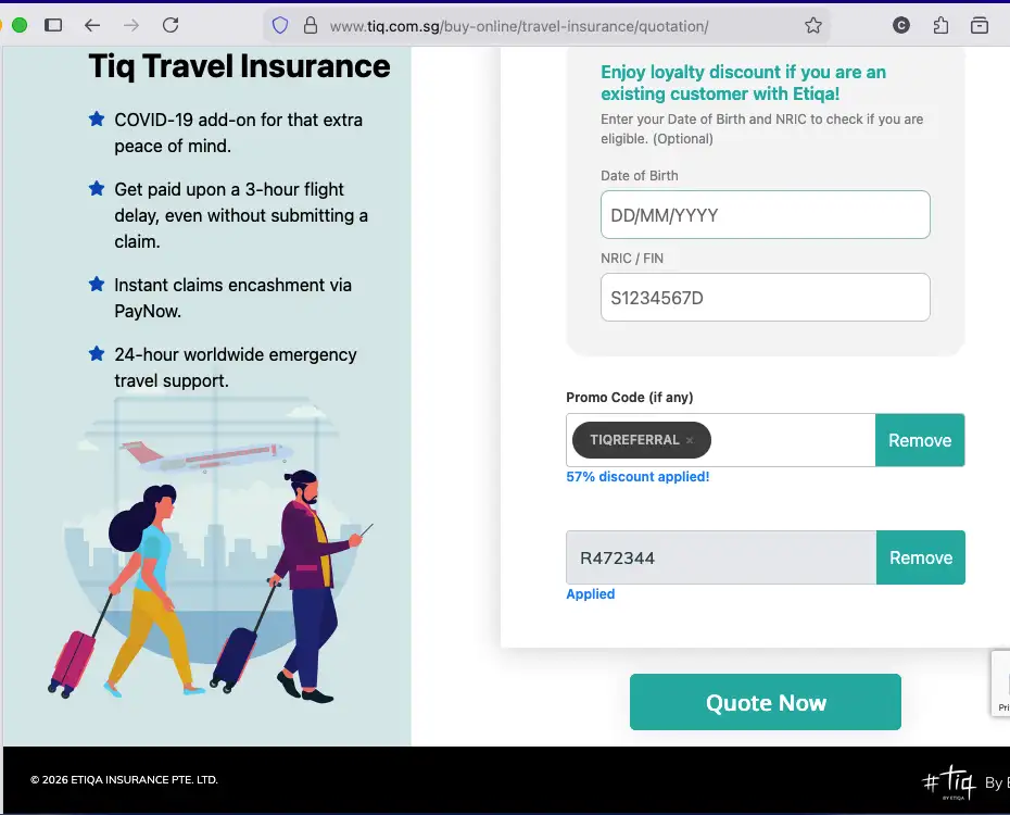 Use Tiq referral code R472344 for 57% off travel insurance premiums