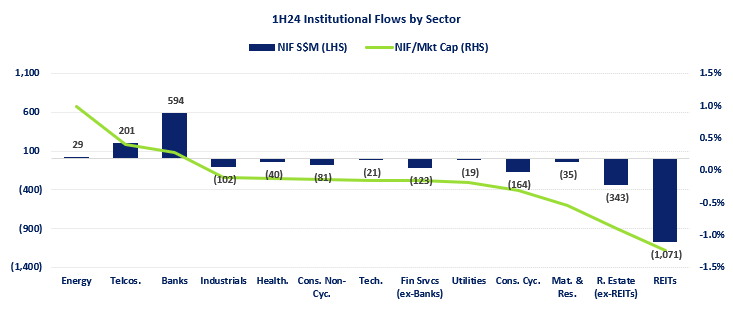 Singapore Stock Market Institutional Fund Inflow By Sector In 1H24